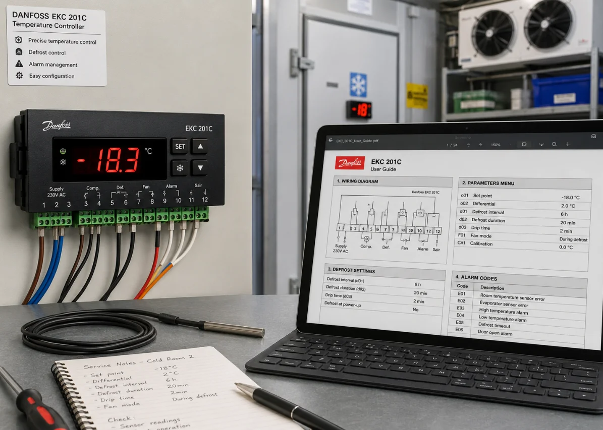 Danfoss EKC 201C Temperature Controller How to Use the Manual for Refrigeration Setup, Defrost Control, and Alarm Troubleshooting